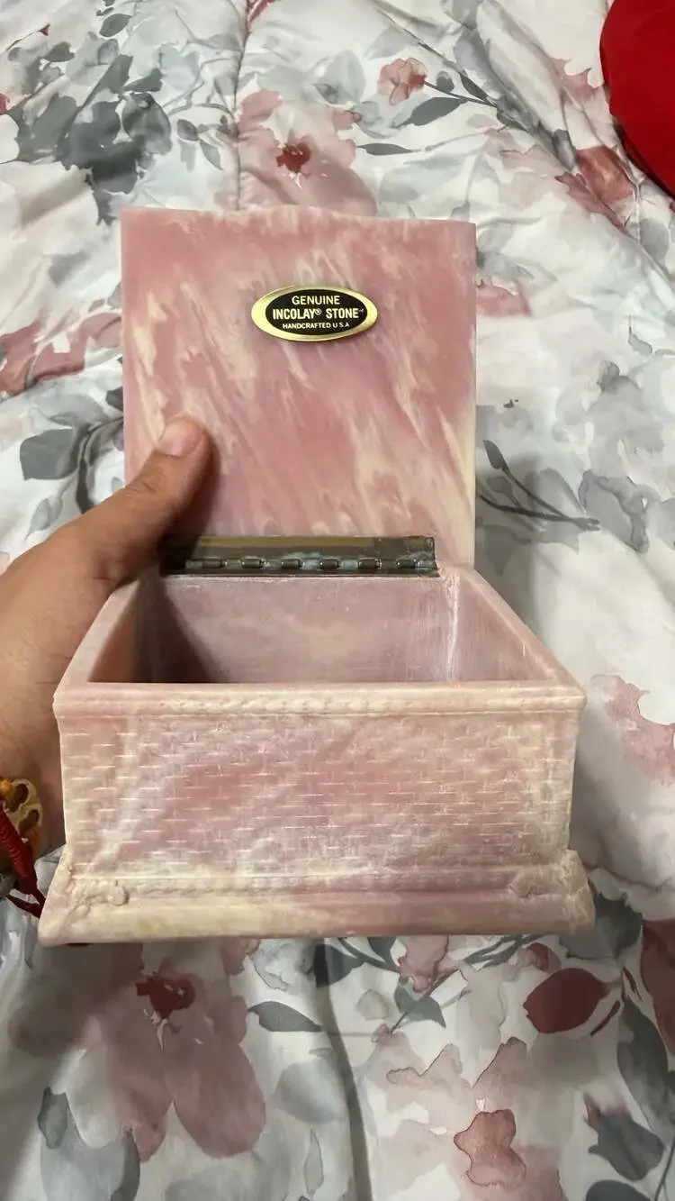 Vintage Incolay Stone Pink Marble Square Jewelry Box with Magnolia Flower Relief